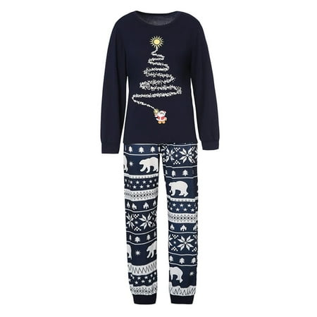 

Christmas Family Holiday Pajamas Matching Set Tree Print Christmas Top Sleepwear 8 Navy Blue Child