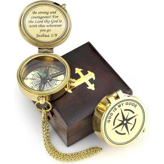Brass Compass Gift with Display Box - Engraved Scripture Prayer Compass Religious Gift for Men & Women - Baptism, Confirmation, Communion Compass for Boys Graduation Gift