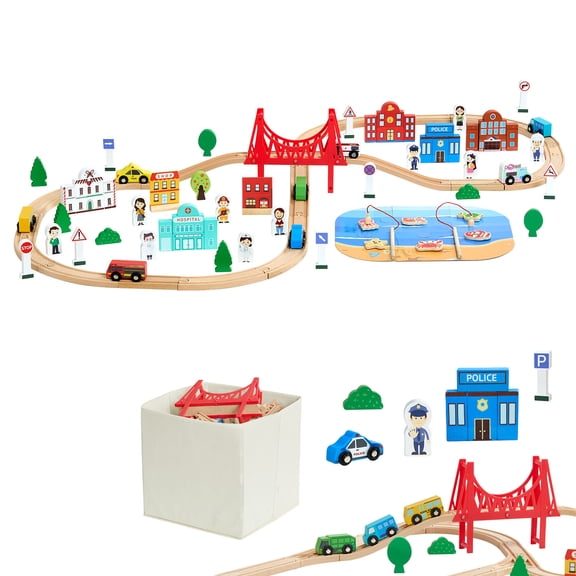 KFFKFF 113PCS Wooden Train Set for Kids Ages 3-8, Wooden Railway Toy with Storage Box, City Scene Playset, Compatible with Popular Brands, Ideal Gift for Toddlers Boys and Girls