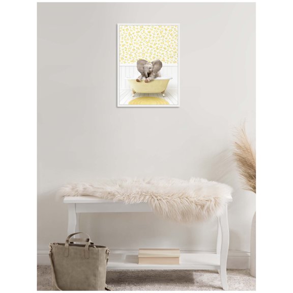 Kate and Laurel Baby Elephant 6 in Cottage Yellow Bathtub Framed Canvas Wall Art by Amy Peterson 18 x 24 Sylvie White, Whimsical, Animals, Bathroom Art for Wall Decor, Living Room, Bedroom
