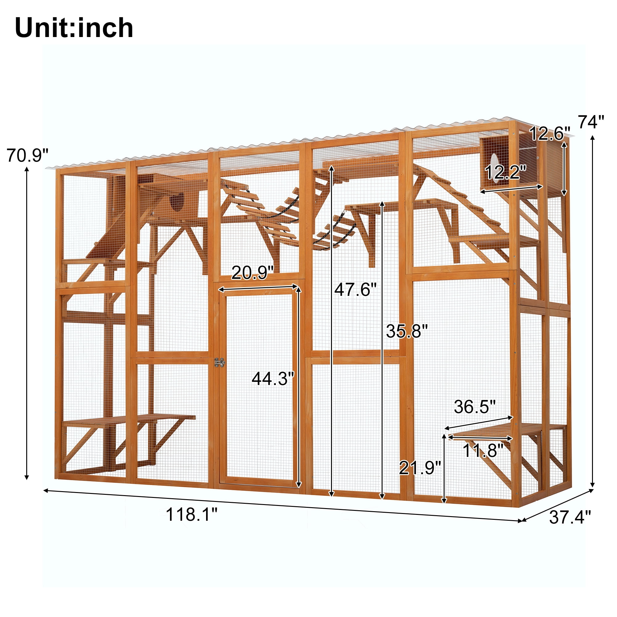 Harper & Bright Designs Weatherproof Cat Catio for Outdoor, Cat Enclosure with Litter Box, Wood Cat House for Multiple Cats, Natural Wood