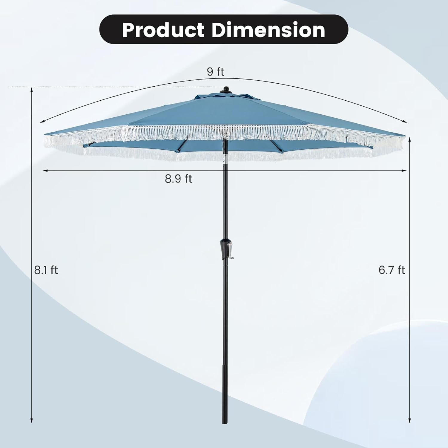 CRXX 9 FT Patio Umbrella with Fringe, Outdoor Tassel Umbrella with Push Button Tilt, Crank, 8 Ribs, Vented Top, Fade-resistant Canopy, Heavy-Duty Market Table Umbrella for Yard Garden Pool-Blue