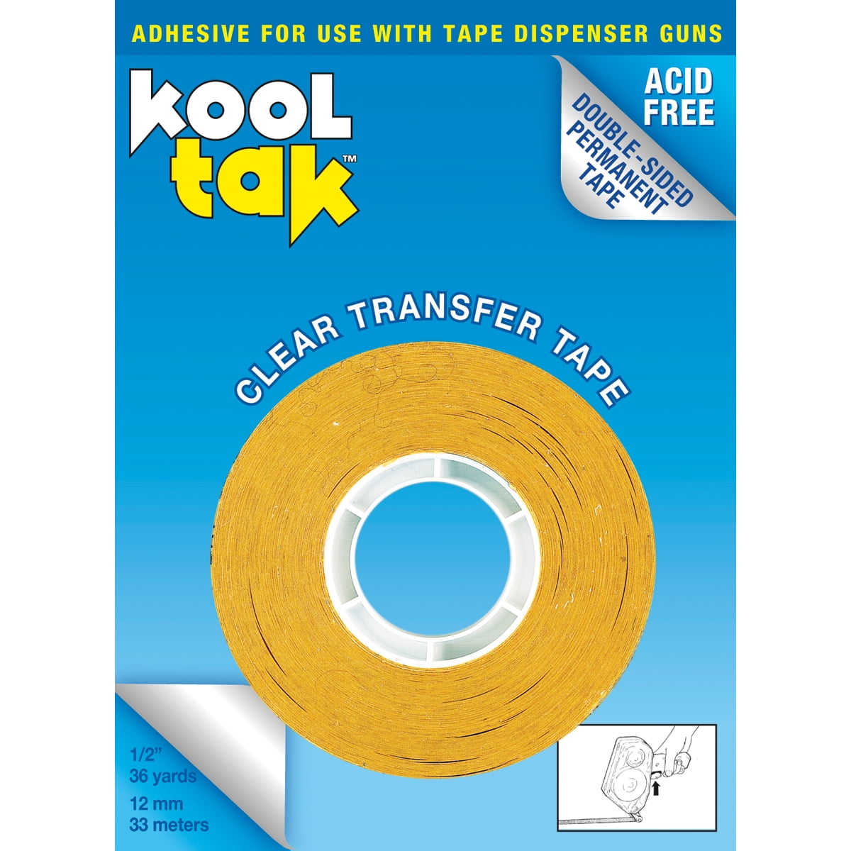 Kool Tak Kool Tak Dispenser Tape, .5" x 36yds, Permanent, Clear
