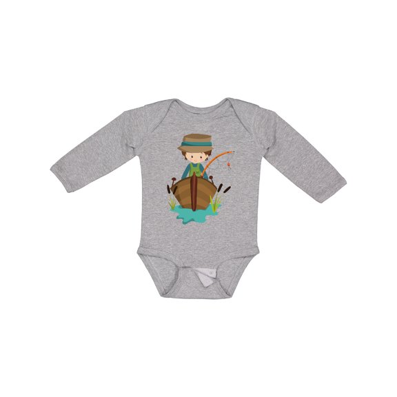 Inktastic Fishing Boy, Brown Hair, Fisherman, Fishing Rod Boys Long Sleeve Baby Bodysuit