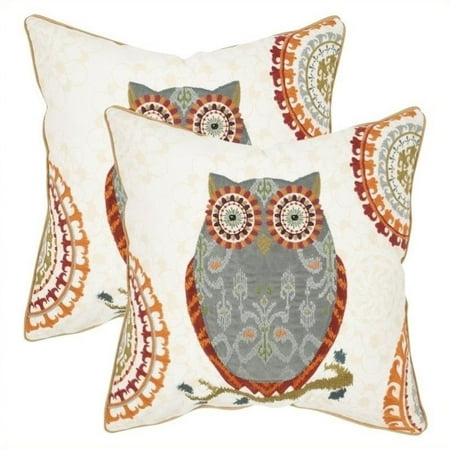 Safavieh Percy 18-inch Cotton Decorative Pillows in Grey (Set of 2) The Safavieh Percy 18-inch Grey Decorative Pillows combine classic Suzani motifs with a wise owl crafted of fabric appliques and embroidery. Use this colorful cotton pillow to accent living room  family room and bedroom furniture with tactile charm. Features: Product Color: Grey Product Material: 100% Cotton Specifications: Overall Product Dimension: 18 H x 18 W x 2.5 D