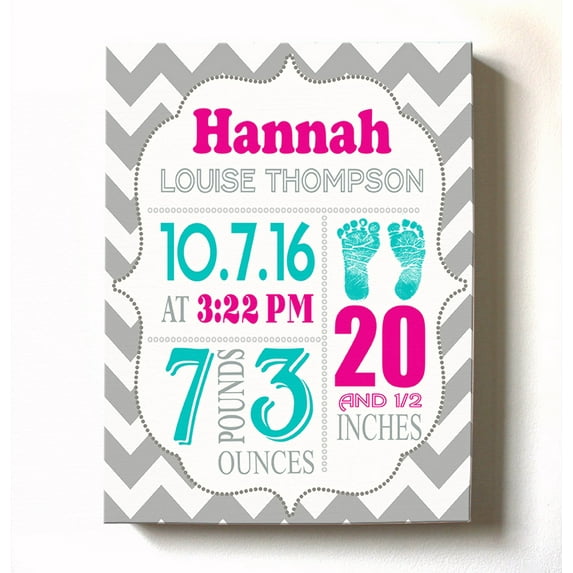 Personalized Canvas Birth Announcement Nursery Decor Gift, Footprint Design, Custom Name, Date, Weight & Length, Unique Boys & Girls Baby Shower Wall Art Presents, Color Gray # 5, Size - 11X14
