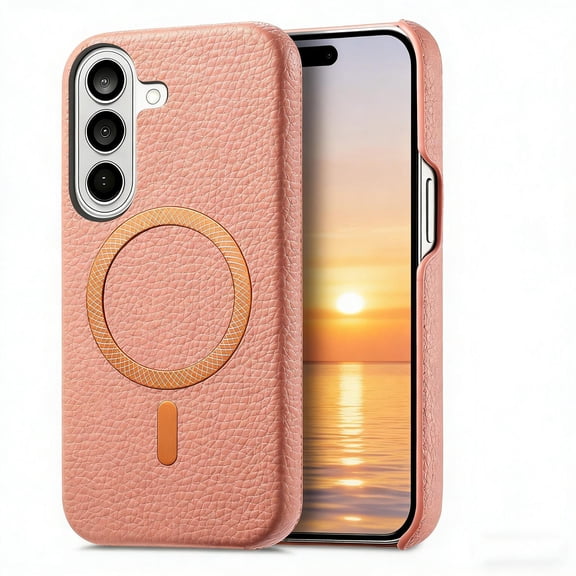 Magnetic Case for Samsung Galaxy S24 with Built-in Magnetic Ring, Wireless Charging PU Leather Hard PC Bumper Slim Shockproof Protective Cover for Samsung Galaxy S24, Pink