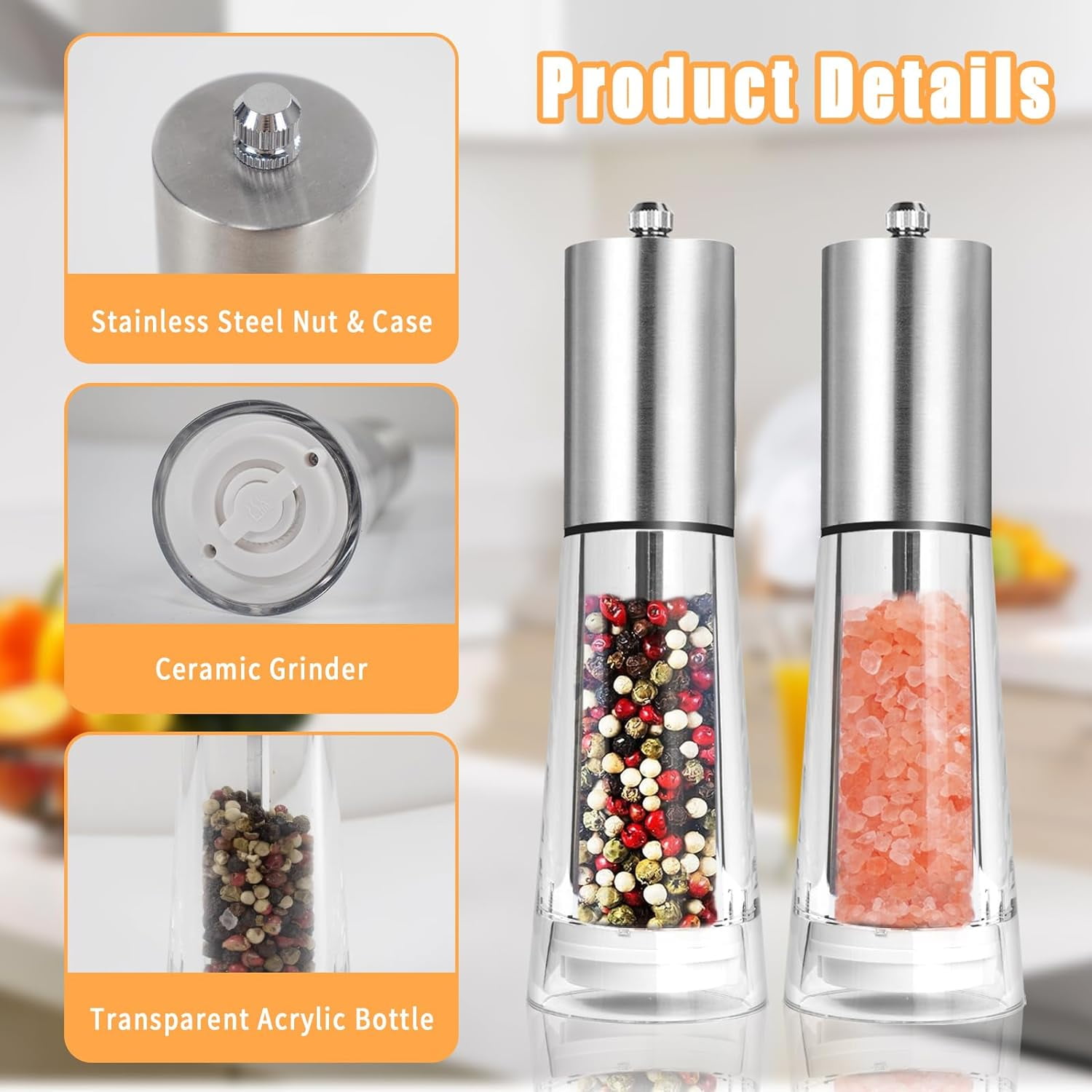 Acrylic Salt and Pepper Grinder Set, Haomacro Refillable Sea Salt Pepper Mill Grinder, 2-Piece Manual Pepper Mills Stainless Steel Spice & Salt Shakers with Adjustable Coarseness