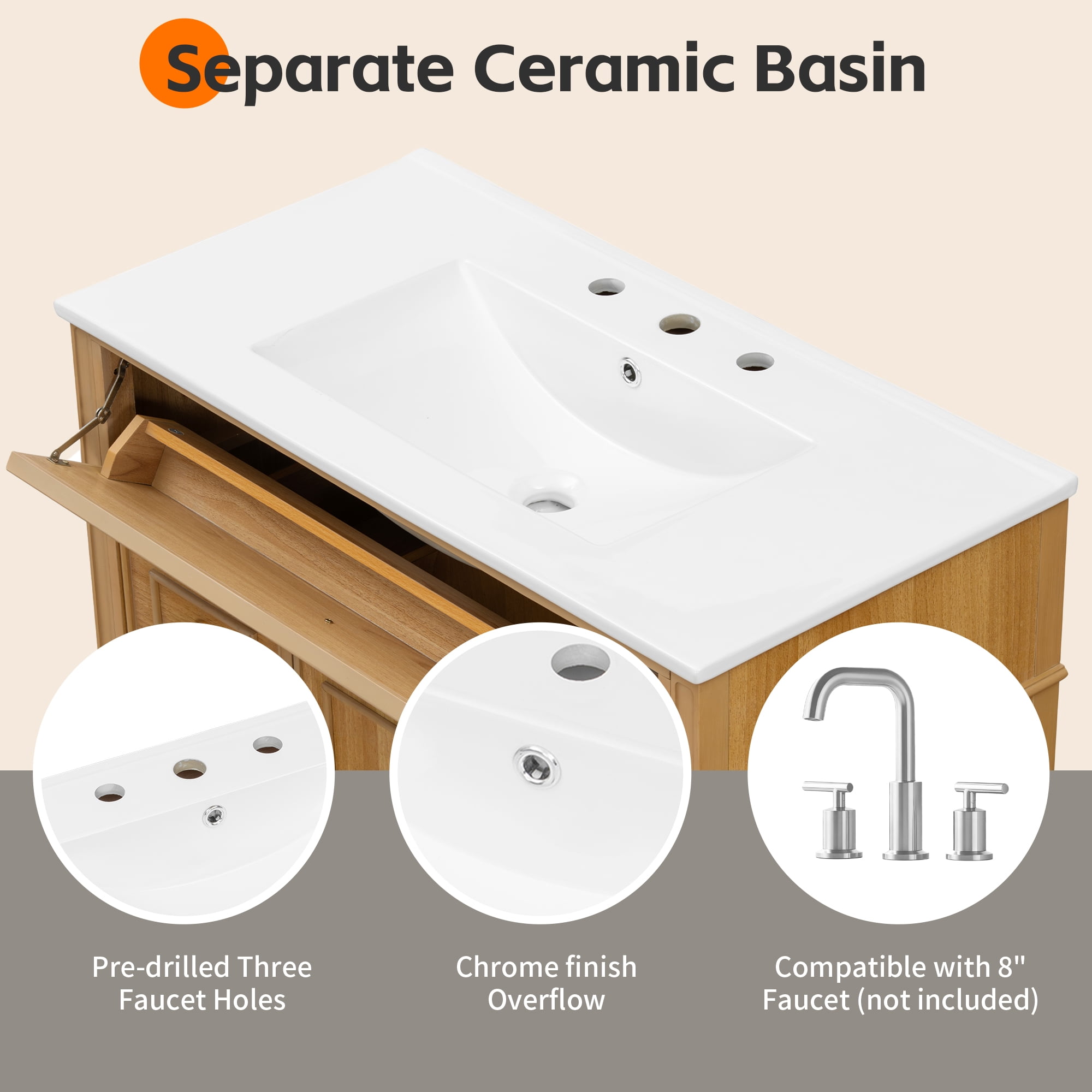 Euroco 36" Bathroom Vanity with Sink, Wood Vanity Cabinet with Flip-Out Drawer, 3 Drawers, 2 Soft-Close Doors, Solid Wood & MDF, Elegant Rubber Wood Handles