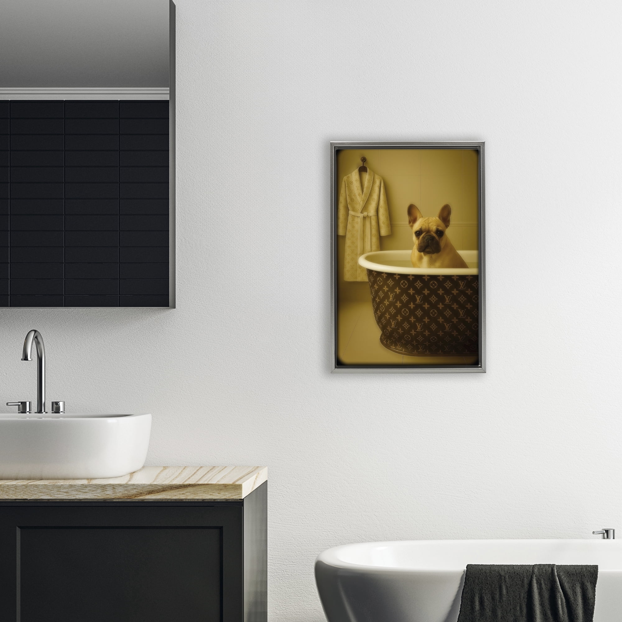 Stupell Industries Couture French Bulldog in Luxury Tub Gray Framed Floater Canvas Wall Art, design by Grotto Studios