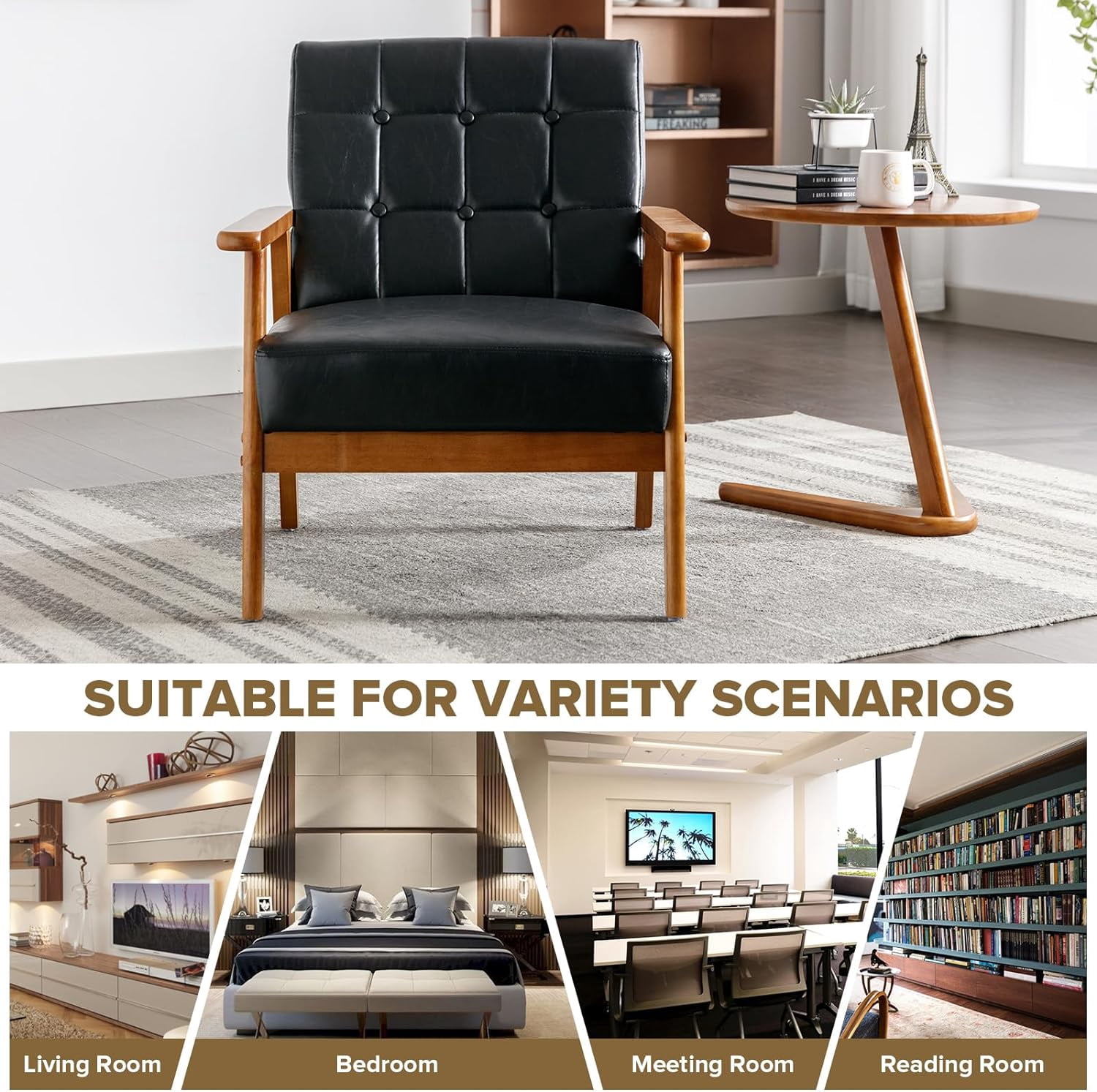 Ufurpie Set of 2 Accent Chairs with Side Table, Mid Century Modern PU Leather Chair,Armchair for Living Room,Bedroom,Office,Black