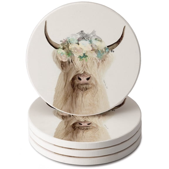 Thirstystone Floral Highland Cow 4-Pack Round Stone Coasters