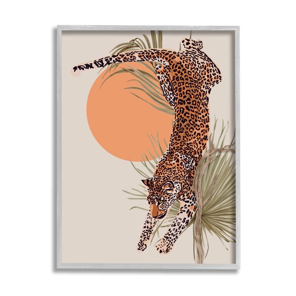 Stupell Industries Jungle Cat Leopard Pounce Orange Sun Palm Leaf, 11 x 14, Designed by Ros Ruseva
