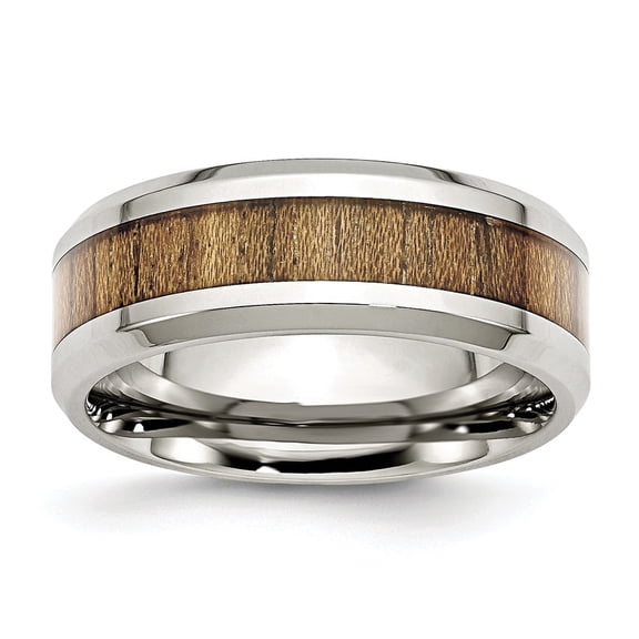 Stainless Steel Polished Wood Inlay Enameled 7.80mm Ring - Size 12.5