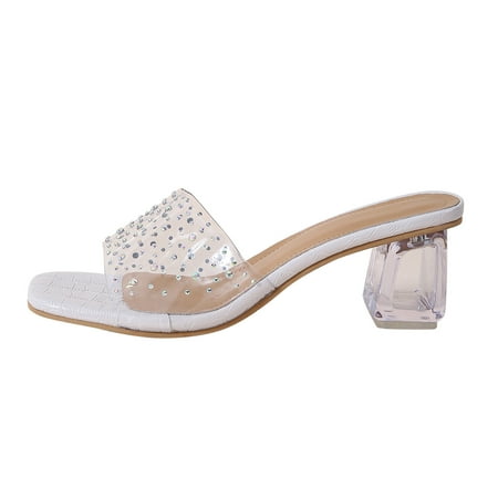 

Womens Sandals Ladies Fashion Summer Transparent Rhinestone Decorative Square Head Open Toe Thick High Heeled Slippers