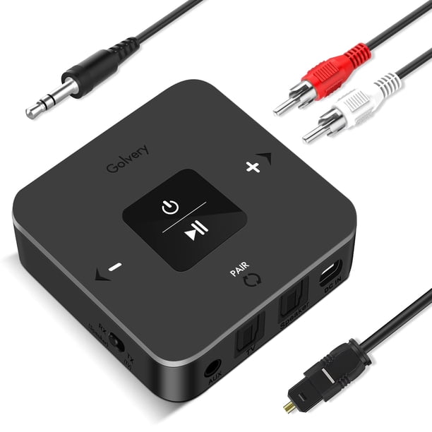 Golvery Receptor Transmisor Bluetooth 5.0 para TV, Adaptador Auxiliar Bluetooth 2 en 1 para PC/DVD/MP3/Coche/Estéreo doméstico/Altavoz/Gimnasio, Conexión Óptica/RCA/AUX, 25 Horas de Reproducción, Empa
