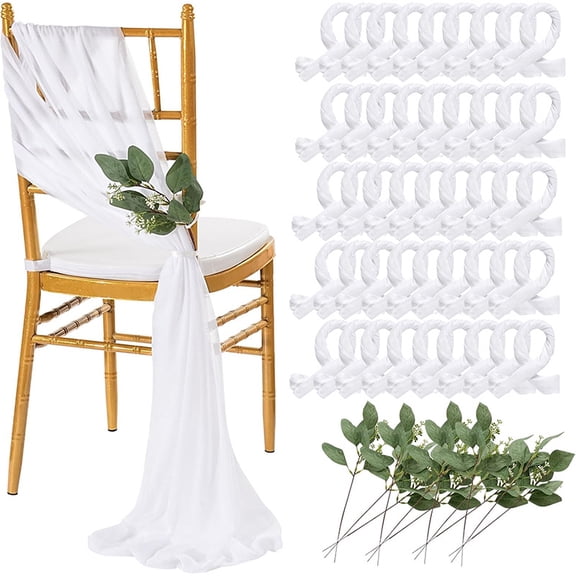 White Chair Sashes Wedding Aisle Decorations: 24 Packs 8ft Long Draping Fabric Sheer Church Chair Cover Bulk for Party Banquet