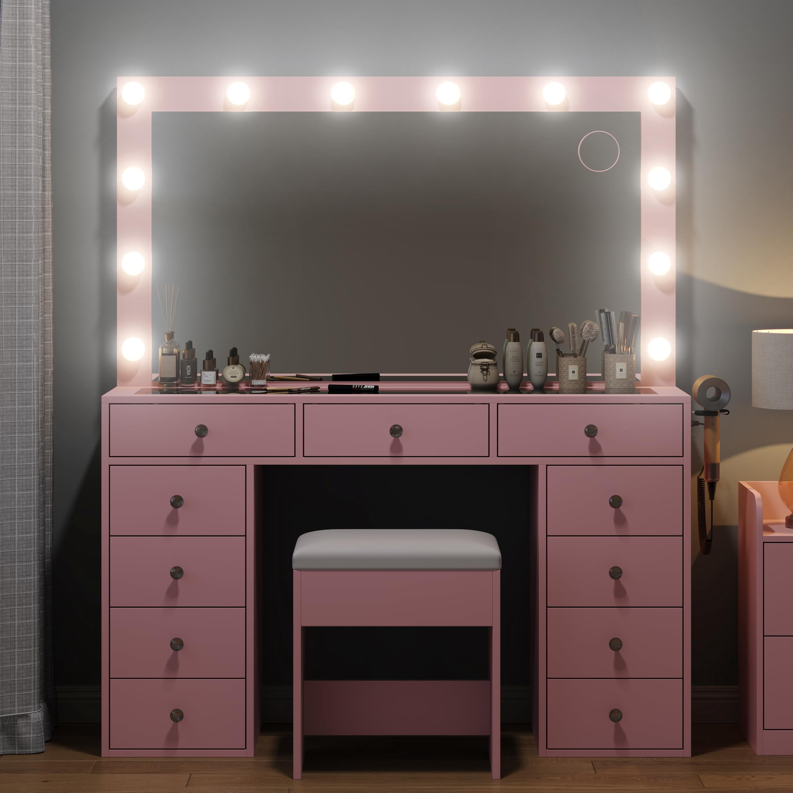 Pink Vanity Desk with Illuminated Mirror & Power Outlet, 11 Drawers Vanity Table with Chair, Makeup Vanity with 12 LED Lights, Tempered Glass Top, Dressing Table for Bedroom,Dressing Room