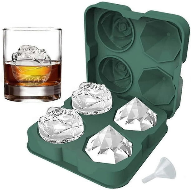 2pcs 4 Grids Ice Cube Tray With Transparent Funnel Silicone Rose & Diamond Ice Ball Maker Mold For Freezer Reusable Ice Cube Making Mold For Ice Chill