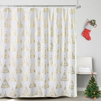 White Holiday Shower Curtain, Merry Christmas Shower Curtain with a Gold Foil Print of a Christmas Tree Waterproof Fabric Bathroom Winter Christmas Holiday Decor, Symbolizing Peace, Love, and Joy