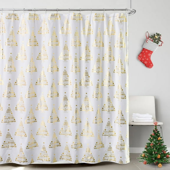 White Holiday Shower Curtain, Merry Christmas Shower Curtain with a Gold Foil Print of a Christmas Tree Waterproof Fabric Bathroom Winter Christmas Holiday Decor, Symbolizing Peace, Love, and Joy