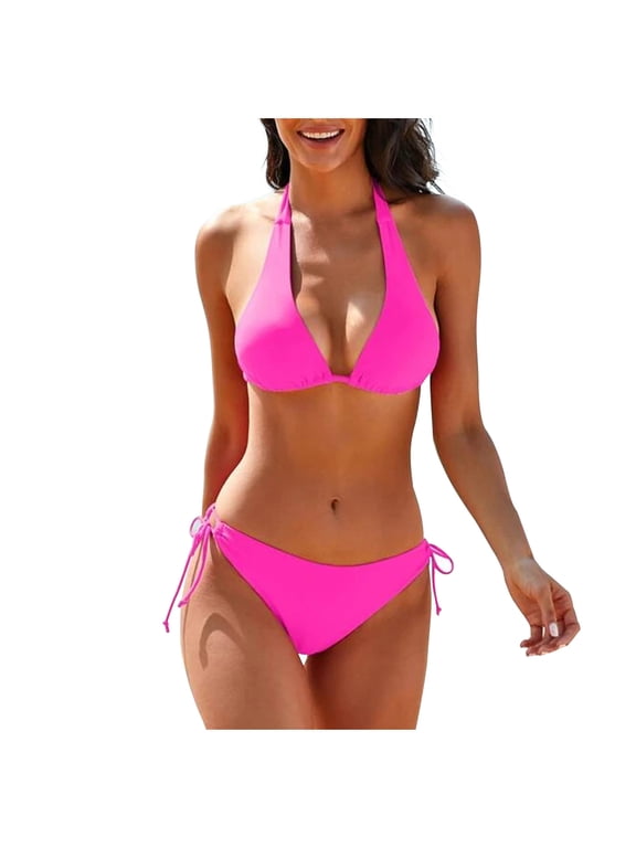 YWDJ Bikini Sets for Women Push Up Top Women's Solid Bikini Strap Bikini Deep V Split Swimsuit Hot Pink S