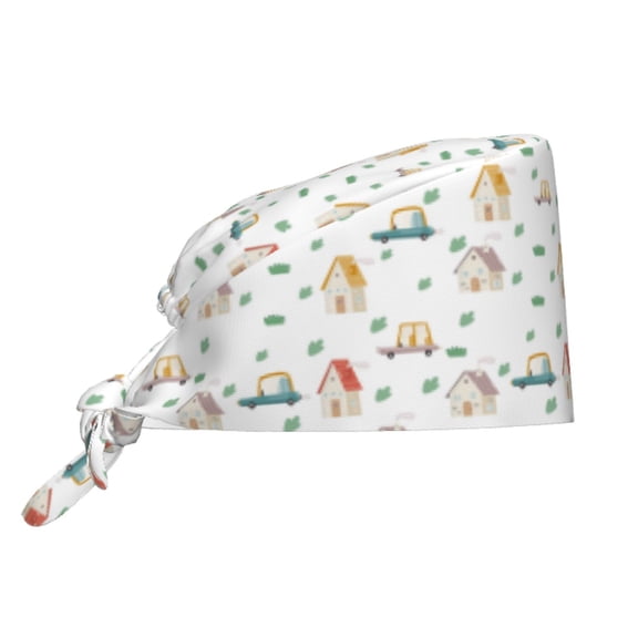 Kdxio Cartoon House Pattern Turban Hat for Women Men Comfortable Adjustable Cleaning Working Cap with Sweatband