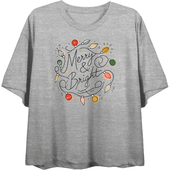 Merry & Bright Christmas Lights Women's Heather Gray Crew Neck Short Sleeve Crop Tee-Large