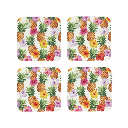 

Tebeau Hawaiian Pineappl Print Set of 4 Leather Drink Coasters Round Cup Mat Pad for Home and Kitchen Use 4 -Square