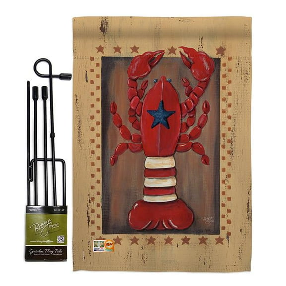 Breeze Decor BD-SM-GS-107055-IP-BO-D-US18-SB 13 x 18.5 in. Patriotic Lobster Coastal Sea Animals Impressions Decorative Vertical Double Sided Garden Flag Set with Banner Pole