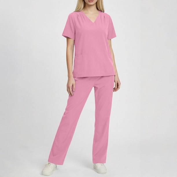 TaTaai Women Short Sleeve V-Neck Nursing Scrub Set Solid Color with Pockets Medical Uniform Top & Bottoms Ladies Clinic Work Daily Wear Soft Breathable No Fading Versatile Outfit Gift