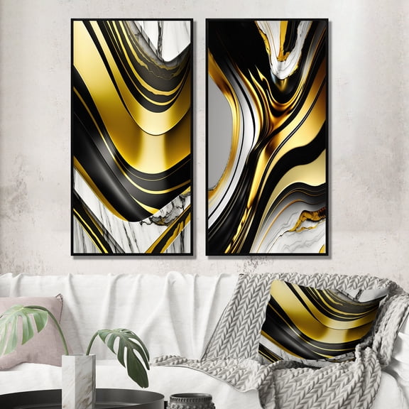 Designart "Golden Marble Waves in Geode I" Abstract Framed Wall Art Set Of 2 - Gold Abstract Frame Gallery Set For Office Decor