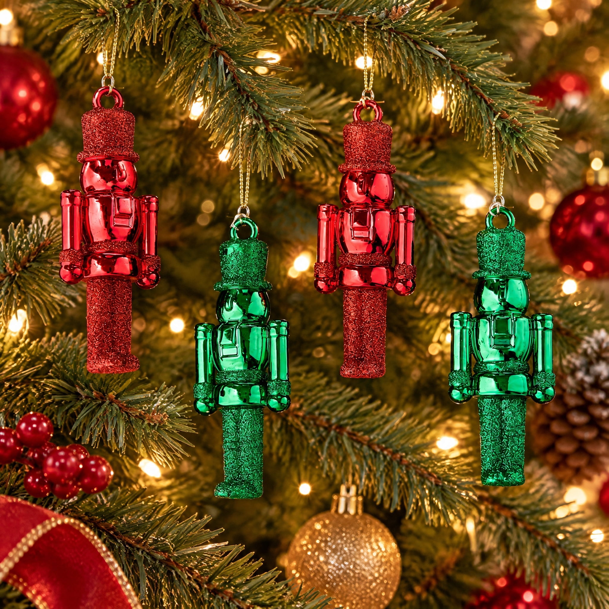 4-Count Red and Green Metallic and Glitter Nutcracker Mini Christmas Ornaments, 2.5", by Holiday Time