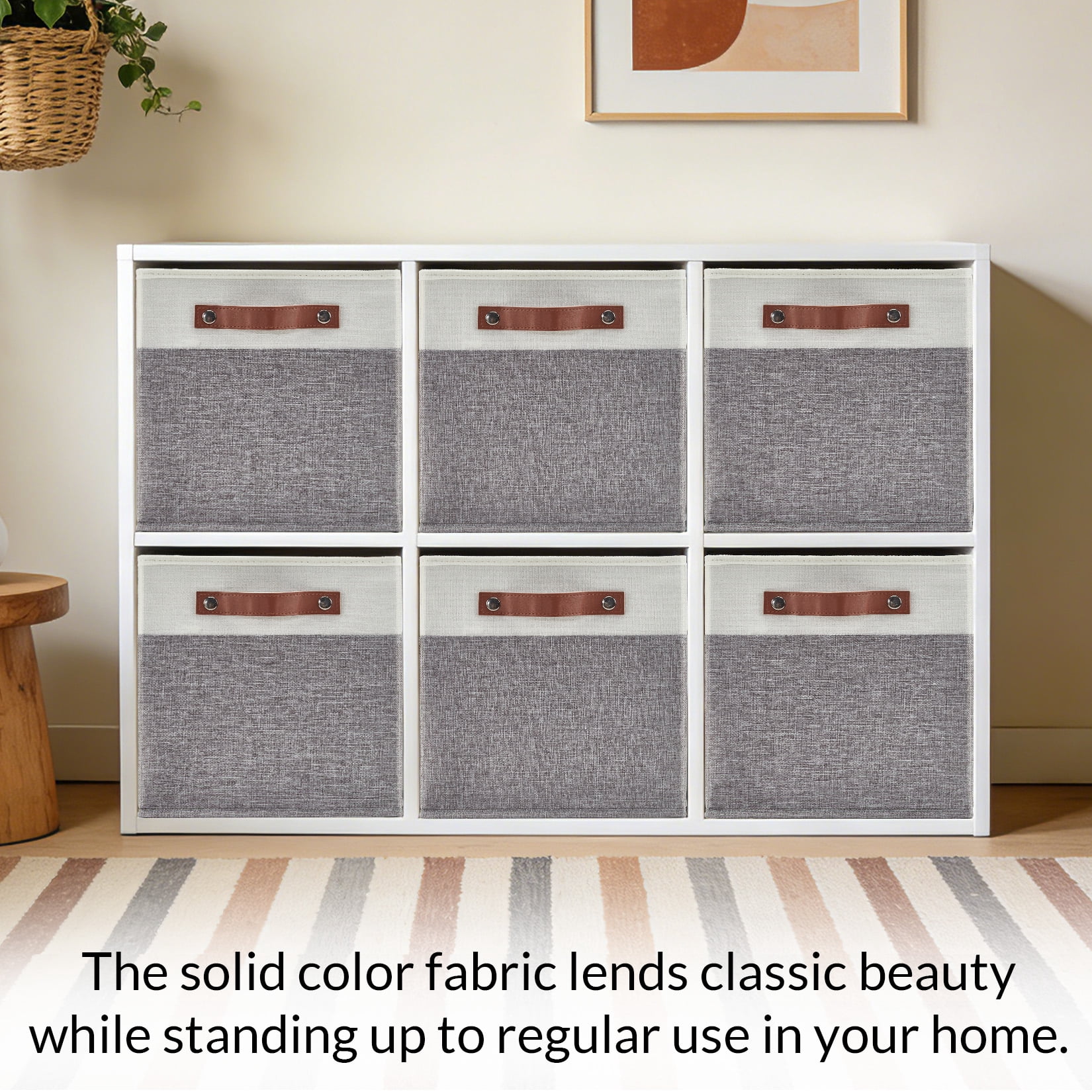 DSstyles Home 13 x 13 Storage Cube Bins, Foldable Collapsible Fabric Storage Bins Box Linen Shelf Basket Cube Organizer for Closet with Leather Handles, 6 Pack White and Gray