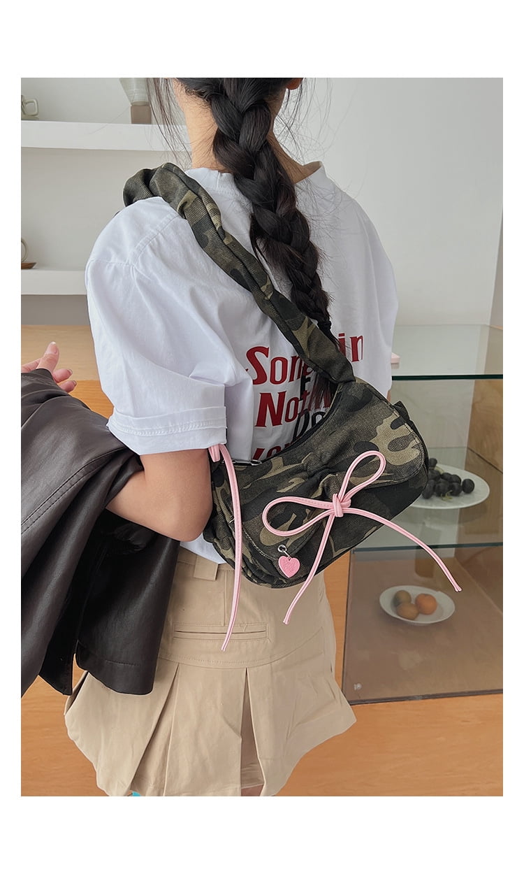 Canvas Pleated Bow Multi-Pocket Baguette Crossbody Shoulder Bag for Women and Girls, Minimalist Zipper Purse with Color-Block Stitching in Camo Green for Daily Commute