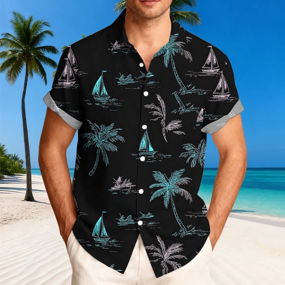 Xcmzpl Big and Tall Hawaiian Shirt Mens Short Sleeve Summer Beach Tropical Button Down Shirt Camp Collar Tops Black XXXL