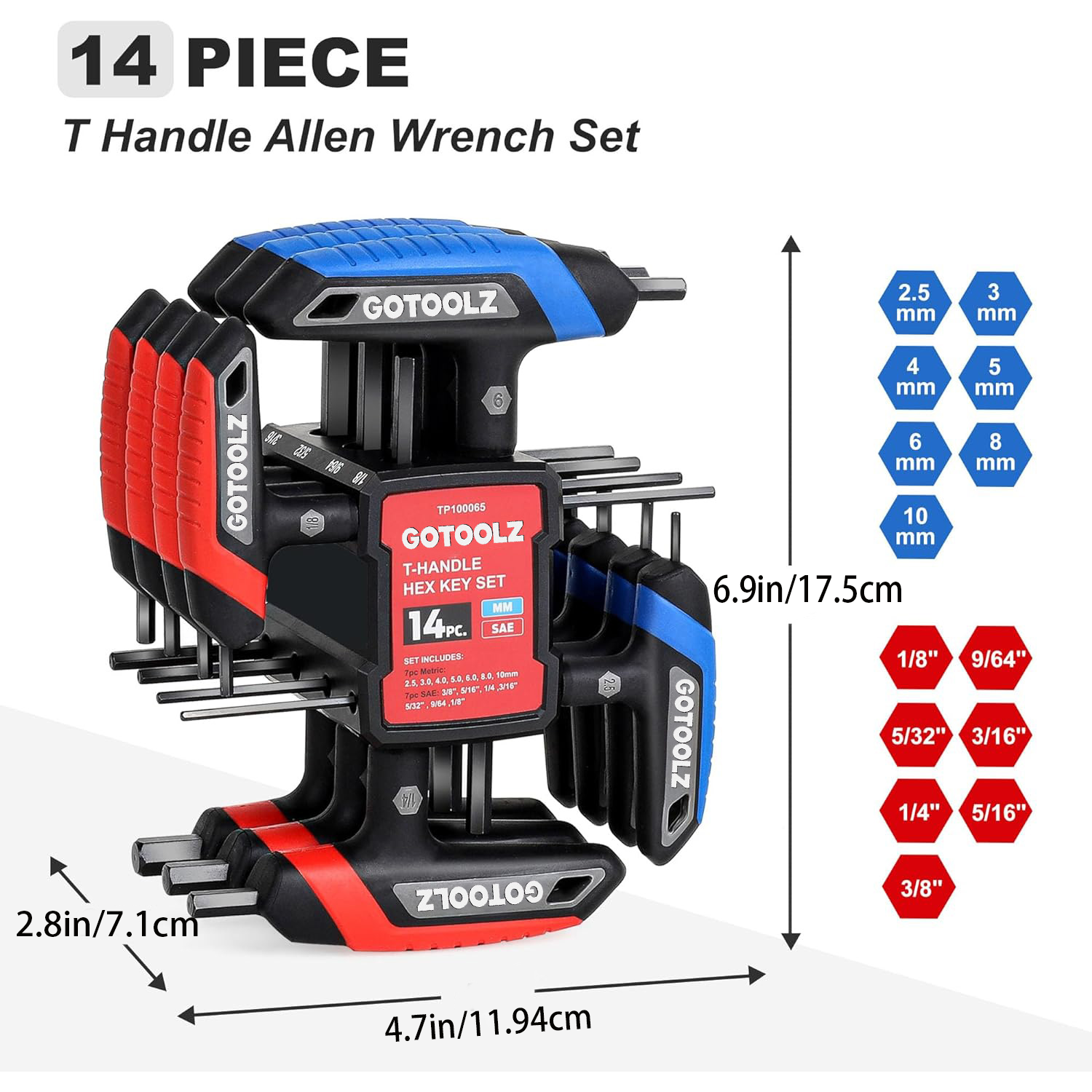 14-Piece T-Handle Hex Key Set, Metric&SAE, Long Arm Hex Keys, Portable Allen Wrenches Sets with Storage Rack for Basic Home Repair and Mechanics Maintenance