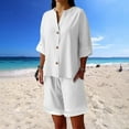 thumbnail image 6 of Jinhomg Shorts Sets Women 2 Piece Outfits Cotton Linen Short Sleeve Shorts Lounge Wear Buttons Down V Neck Tracksuits White,M, 6 of 7