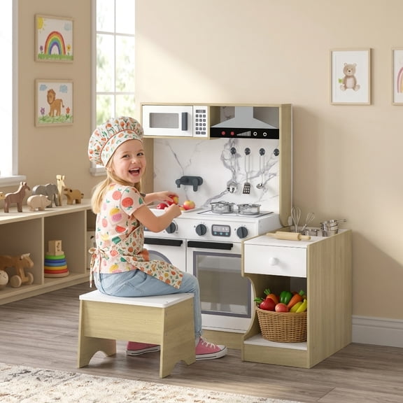 Qaba Play Kitchen Set for Kids, 2-in-1 Convertible Table and Chair Set with Stool, Kitchen Playset with Sink, Oven, Microwave, Cookware Accessories