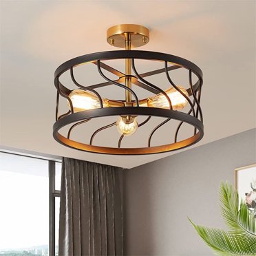 Hesoge 4-Light Semi-Flush Mount Ceiling Fixture – Rustic Black Metal, Farmhouse Industrial Chandelier