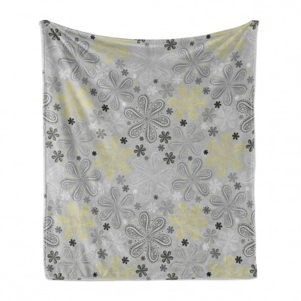 Grey and Yellow Soft Flannel Fleece Throw Blanket, Bohem Style Paisley Print Flowers Dots Art