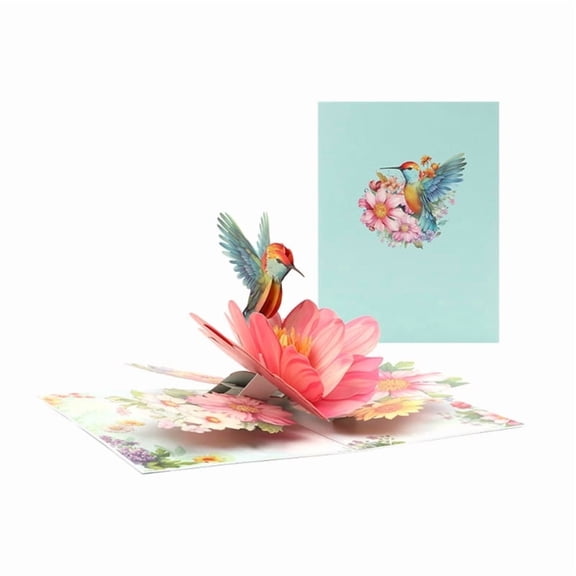 Unbranded Pop-Up Greeting Card 3D Hummingbird Flower Theme Handmade 1 Count 9 x 6 Inch