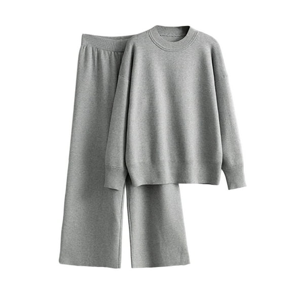 Besolor Womens 2 Piece Outfits Knit Sweater Set Crewneck Long Sleeve Tops and Wide Leg Pants Loungewear Matching Sets