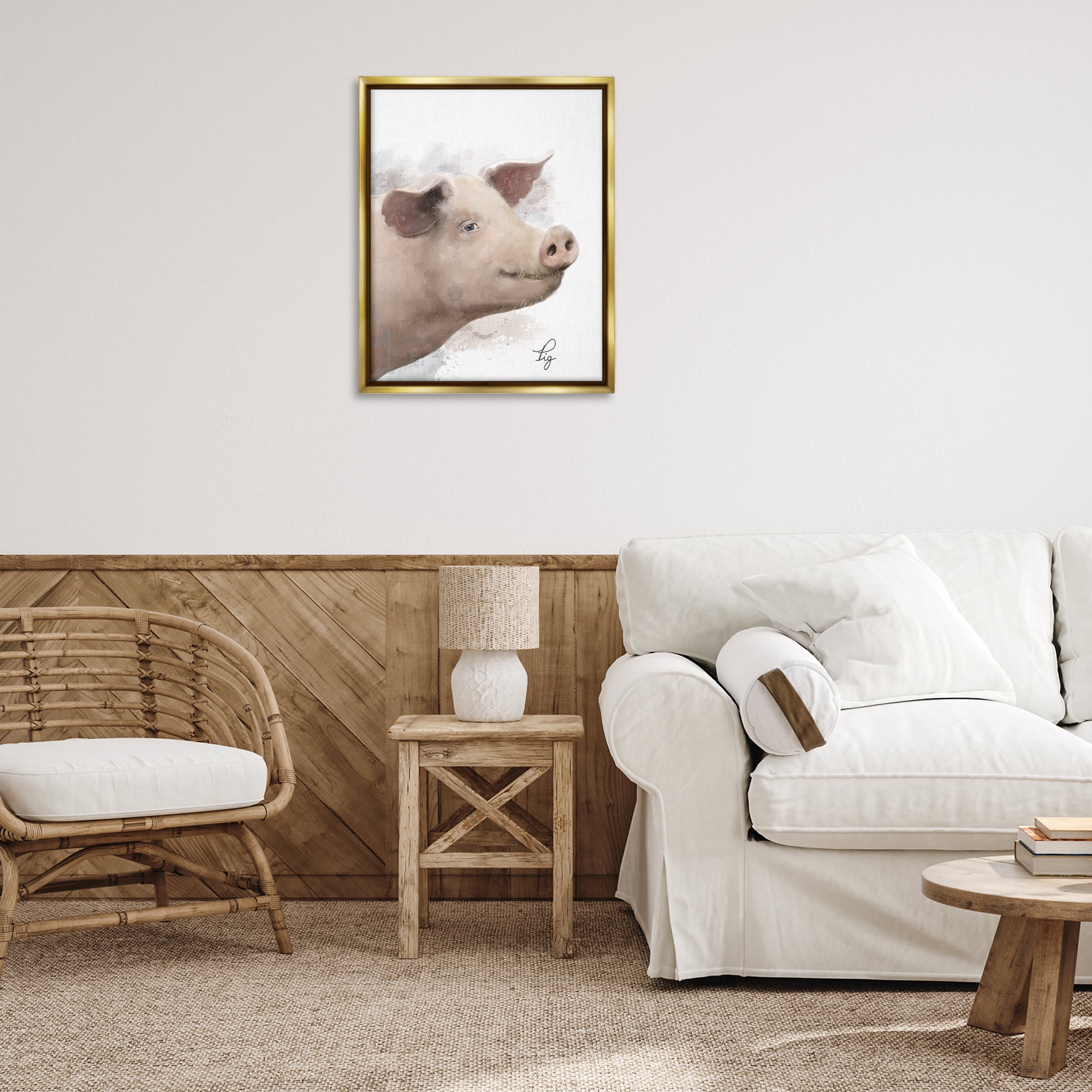 Stupell Industries Smiling Farm Pig Animals Painting Gold Floater Framed Canvas Art Print Wall Art, 25 x 31