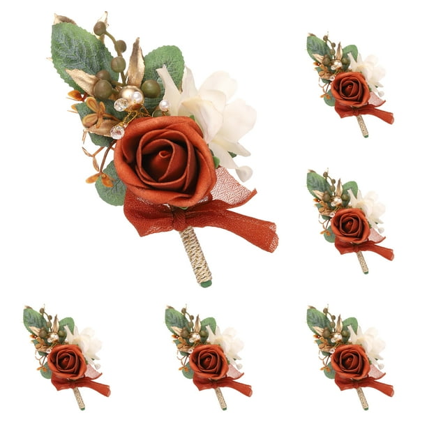 6 piezas de Boutonnieres Rojo/Campeón para hombres, novios, padrinos y novias