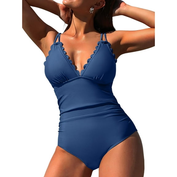 Asoul Scalloped One Piece Swimsuit Women Ruched Tummy Control Bathing Suit Cut Out Monokini Swimwear