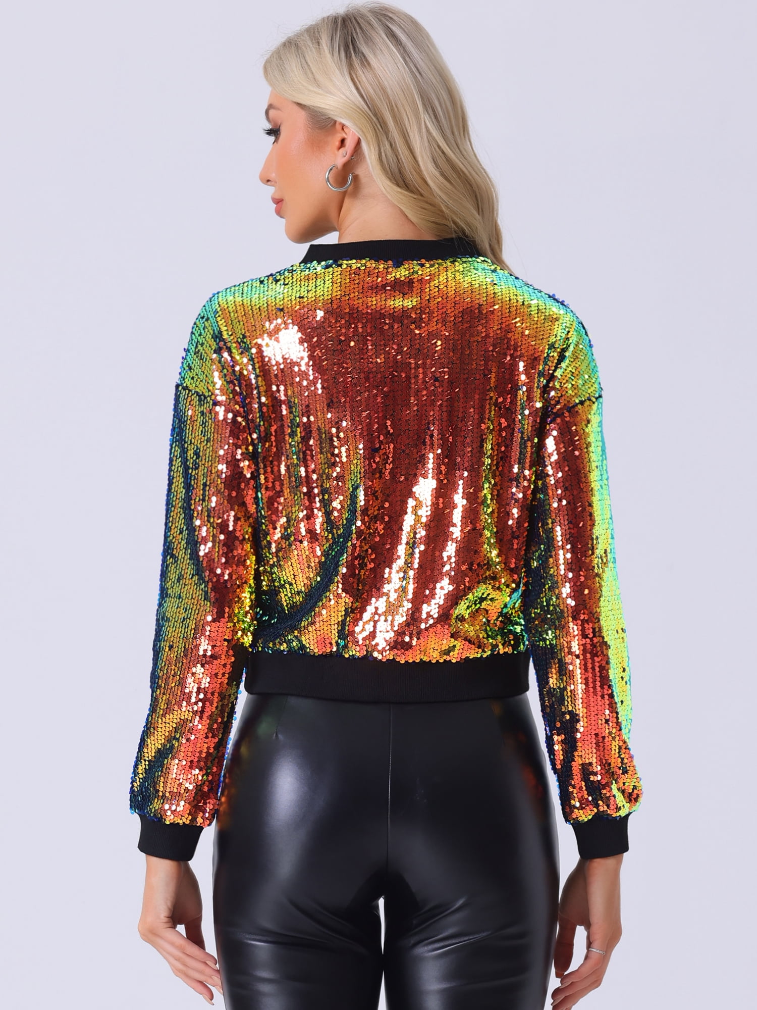 DARING DIVA Women's Sparkle Sequin Zipper Bomber Jacket M Green Pink