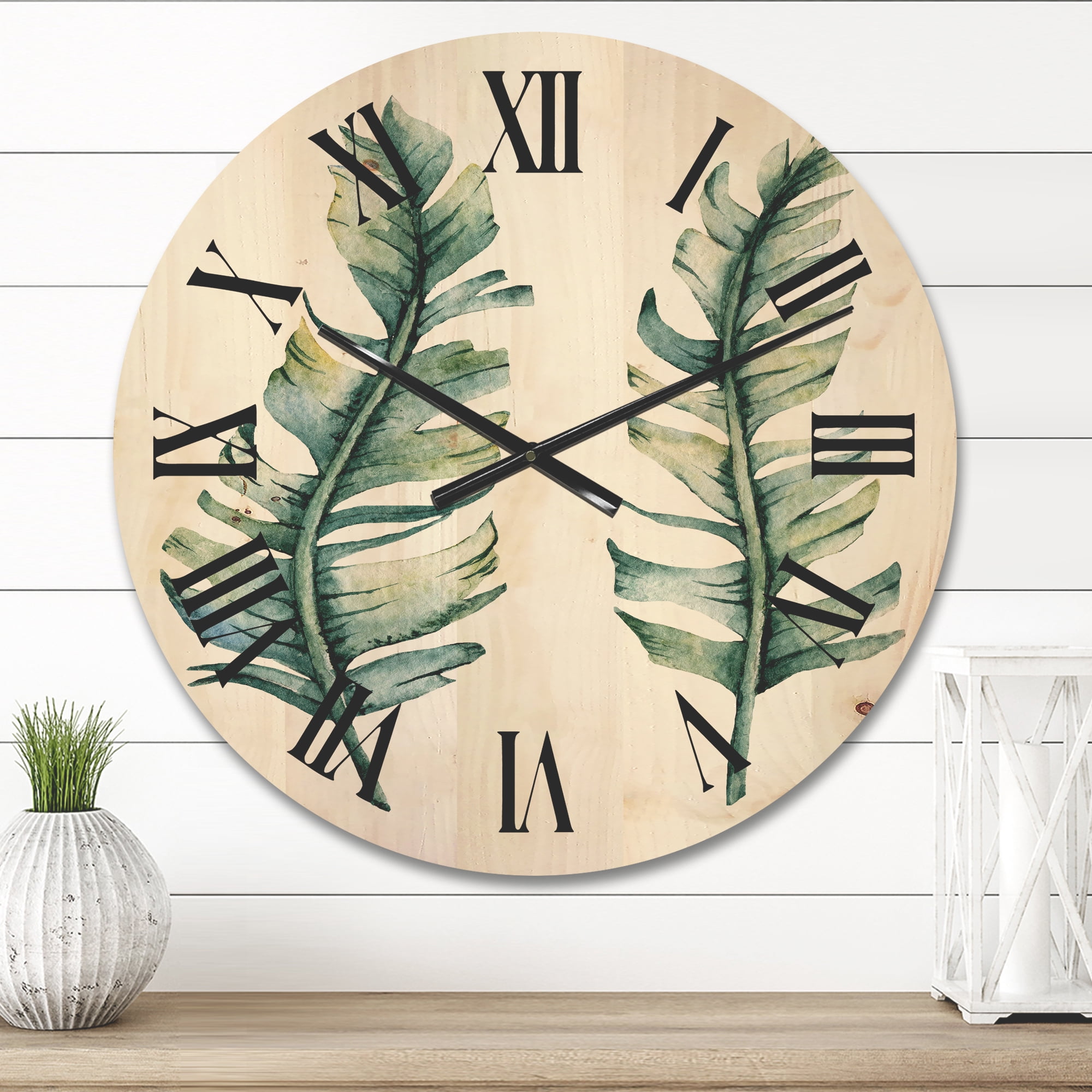 Designart 'Duo of Tropical Leaves On White' Farmhouse Wood Wall Clock