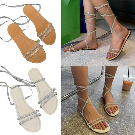 

Cethrio Women s Strappy Flat Sandals- Wide Width on Clearance Flat Slides Sandal with Rhinestone Strap Strap Beige Dressy Sandals/ Slides Size 9