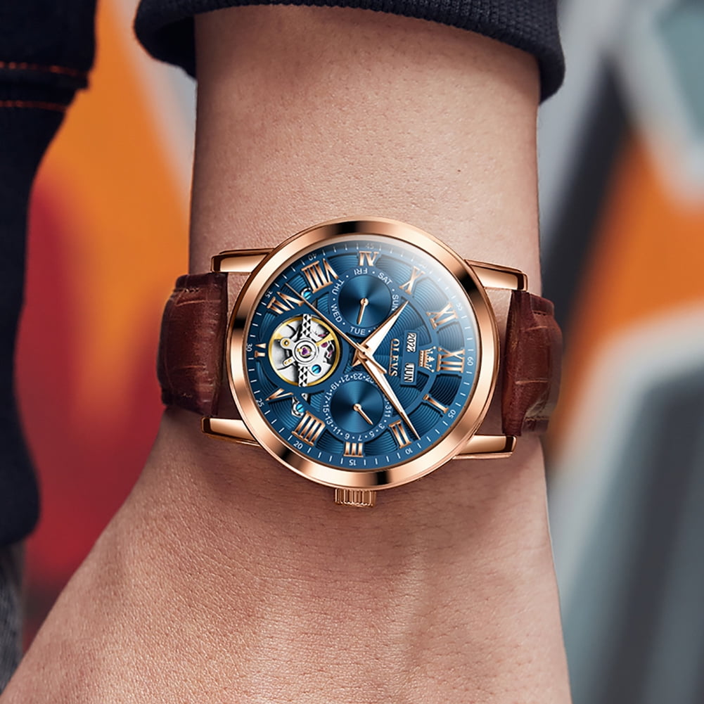 OLEVS Automatic Watches for Men Self Winding Mechanical Skeleton Flywheel Multifunction Luxury Dress Roma Rumerals Calendar Waterproof Luminous Men Wrist Watches Leather